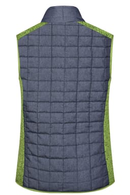 A grey and green ladies knitted hybrid vest featuring a quilted design and a sleeveless cut. It has a logo on the back.