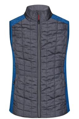 A ladies knitted hybrid vest featuring a grey body with blue accent panels and a front zip. It has a logo on it.