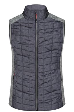 A ladies knitted hybrid vest featuring a navy front and grey side panels, with a high collar and zip closure.