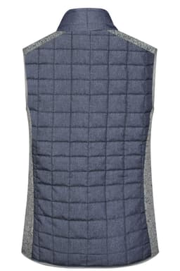 A navy blue knitted hybrid vest with a quilted design and grey side panels. Features a collar and branding.