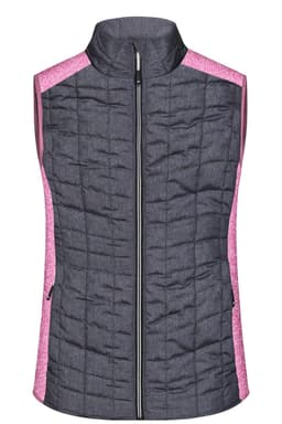 A ladies' knitted hybrid vest featuring a dark grey body with pink accents and a zip front. It has a logo on it.