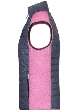A knitted hybrid vest featuring a navy blue and pink colour scheme with a zip closure and a sleeveless design.