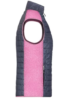 A ladies knitted hybrid vest featuring a pink centre panel and navy side panels, with a high collar and a zipper.