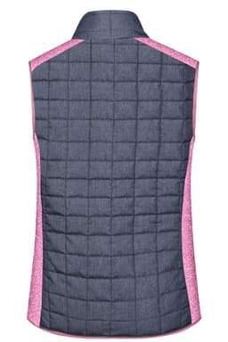 A knitted hybrid vest in dark denim with pink accents, featuring a quilted pattern and a collar.