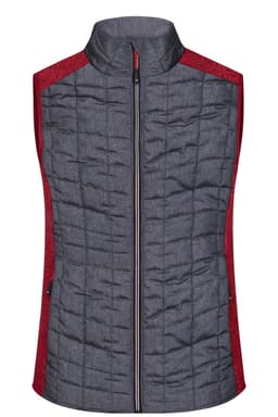 A grey and red ladies' knitted hybrid vest with a zip front, featuring a high collar and side pockets.