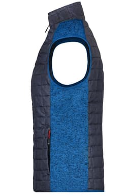 A knitted hybrid vest in blue tones, featuring a sleeveless design and sectioned texture, with a logo present.