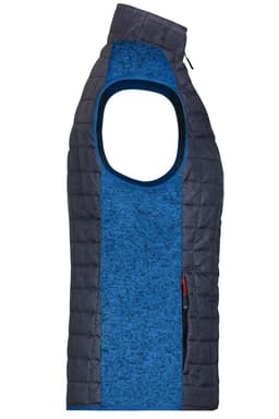 A ladies' hybrid vest with a blue knitted body and a dark navy quilted panel, featuring an open arm design.