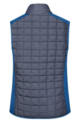 A knitted hybrid vest in grey with a blue trim and a quilted back. The garment features a logo.