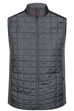 A grey knitted hybrid vest with a quilted front and a zip closure. Features a logo on the design.