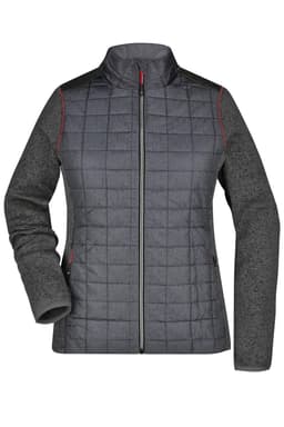 A ladies' hybrid jacket featuring a grey quilted front and dark grey sleeves, complete with a collar and zip front.
