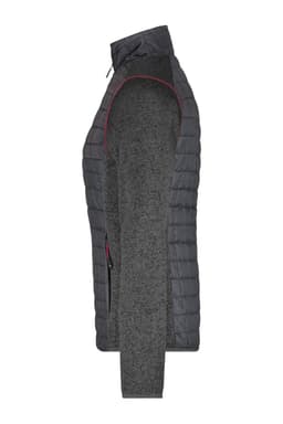A grey ladies knitted hybrid jacket featuring a quilted exterior and a soft inner lining. It has a logo on the side.