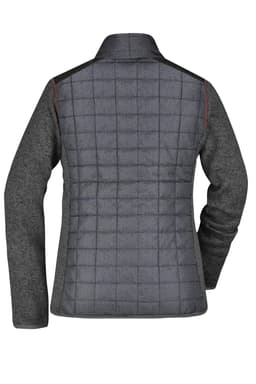 A grey ladies' knitted hybrid jacket featuring a quilted back and a collar, with contrasting textures and colours.