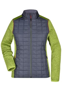 A knitted hybrid jacket featuring a grey quilted front and vibrant green sleeves. It has a full zipper and a collar.