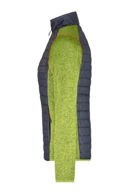 A hybrid jacket featuring a knitted design with a dark blue upper and vibrant green body, including a logo.