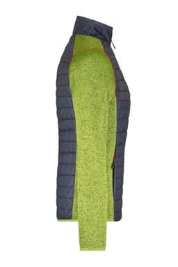 A knitted hybrid jacket featuring a dark grey quilted body and vibrant green sleeves, with a logo present.