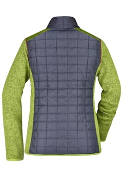 A knitted hybrid jacket featuring a grey quilted back and bright green sleeves, with a collar and branding.
