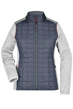 A ladies knitted hybrid jacket featuring a navy quilted front and grey sleeves, complete with a branding logo.