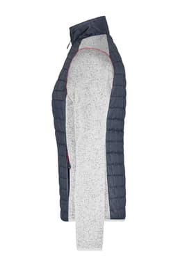 A ladies' knitted hybrid jacket in navy and grey, featuring a quilted design and a zip closure. It has a logo on it.