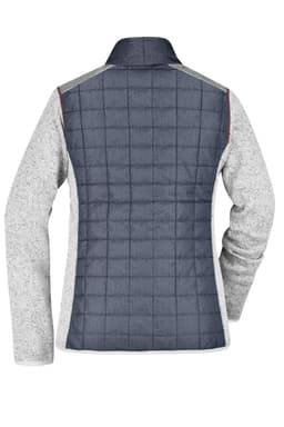 A ladies' knitted hybrid jacket featuring a grey and navy design with a quilted back and long sleeves.