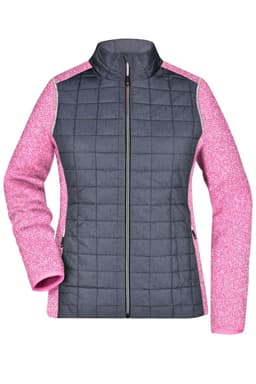 A knitted hybrid jacket featuring a grey quilted front and pink sleeves, complete with a full zip and collar.
