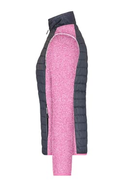 A knitted hybrid jacket in pink and grey, featuring a zip closure and a logo on one side.