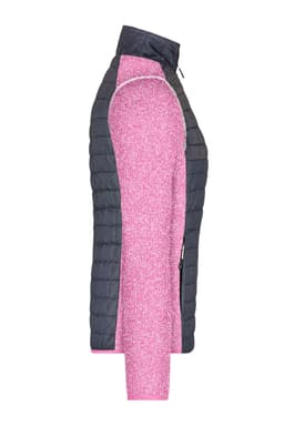 A ladies' knitted hybrid jacket featuring a dark grey and pink colour scheme, with a logo on it.