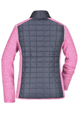 A ladies' knitted hybrid jacket featuring a grey quilted back and pink sleeves, with a collar and a logo.