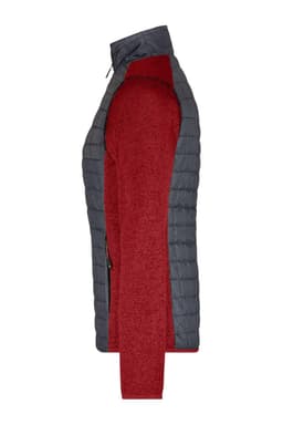 A knitted hybrid jacket featuring a grey upper and a red lower section, with a side zip and a logo.