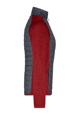 A knitted hybrid jacket featuring a dark grey quilted front and vibrant red sleeves, with a zip closure and side pockets.