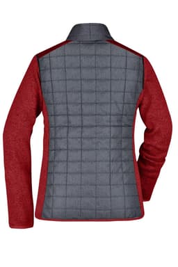 A ladies' hybrid jacket featuring a grey quilted back and red sleeves. It has a collar and a stylish design.