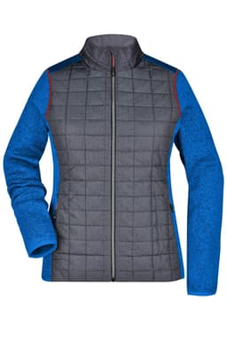 A ladies knitted hybrid jacket featuring a grey quilted front and blue sleeves, with a zip closure and a collar.