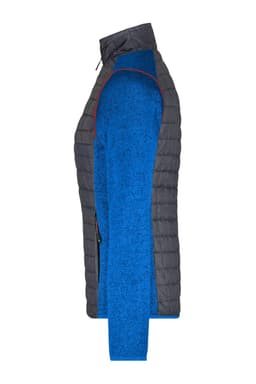 A hybrid jacket featuring a grey quilted exterior and a blue knitted interior. The design includes a zip closure and branding.