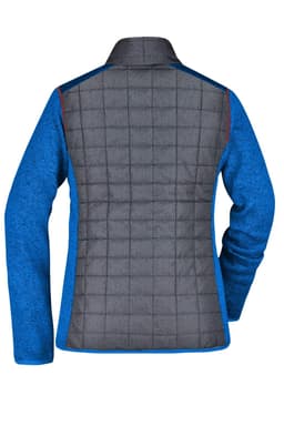 A knitted hybrid jacket featuring a grey back with a blue front and sleeves, designed for women's wear.
