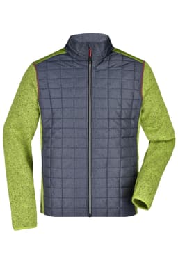 A knitted hybrid jacket featuring a grey quilted front and vibrant green sleeves. It has a high collar and a zip closure.
