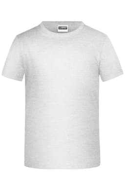 A plain white T-shirt with a round neckline and short sleeves. It features a label inside and has a branding logo.