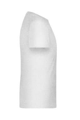 A white T-shirt with short sleeves, featuring a side view and a logo on the fabric.