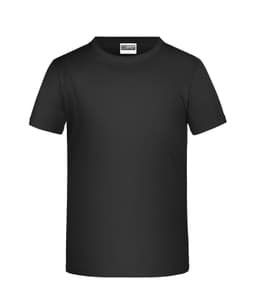A plain black T-shirt with short sleeves and a round neckline. The shirt features a label inside and has a logo.