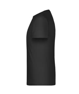 A black T-shirt featuring a crew neckline and short sleeves. It has a logo on the front.