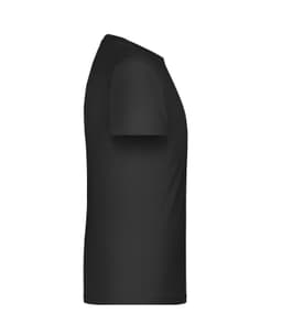 A black t-shirt designed for promotional use, featuring a plain design and short sleeves.