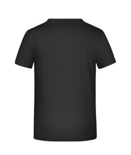 A black T-shirt with a simple design and a logo on the back. Short sleeves and a round neckline.
