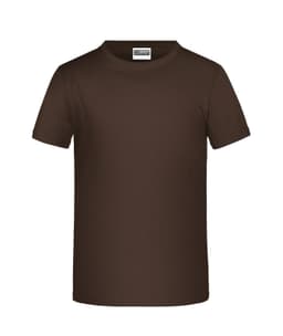 A brown T-shirt featuring short sleeves and a round neckline, with a logo on the label.