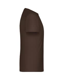 A brown T-shirt displayed from the side view, featuring short sleeves and a simple design.