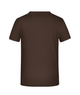 A brown T-shirt with a plain back, featuring a logo or branding.