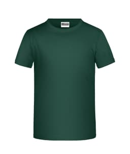 A green T-shirt featuring short sleeves and a crew neckline, with a logo on the label.