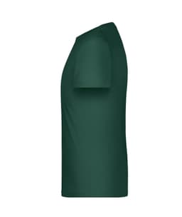 A green short-sleeved t-shirt with a side view, featuring a logo on the fabric.