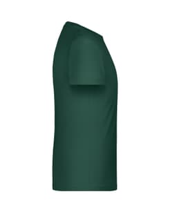 A green T-shirt with a round neckline and short sleeves, featuring a logo on the side.