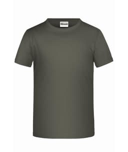 A short-sleeved, olive green T-shirt with a round neck and a plain design, featuring a logo on the label.
