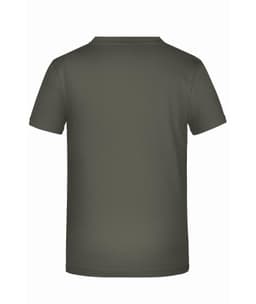 A plain olive green T-shirt with a standard crew neck and short sleeves. It has a logo on the back.