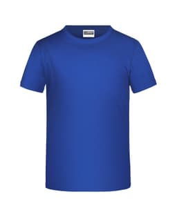 A blue T-shirt with short sleeves and a round neckline, featuring a brand logo.