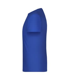 A blue T-shirt with short sleeves, featuring a fitted design and a side view. It includes a logo.